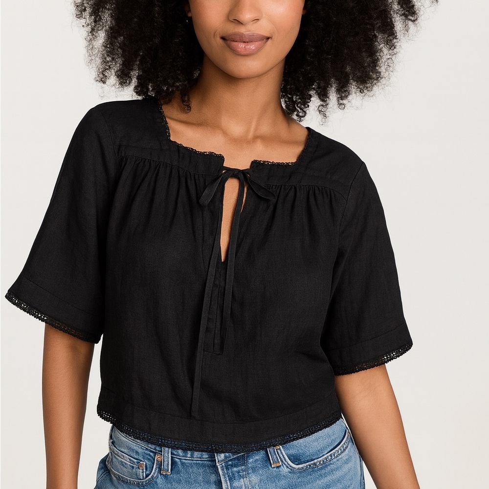 rag & bone NY Black 100% Ramie Sheer Tie Front Peasant Blouse Top Size S